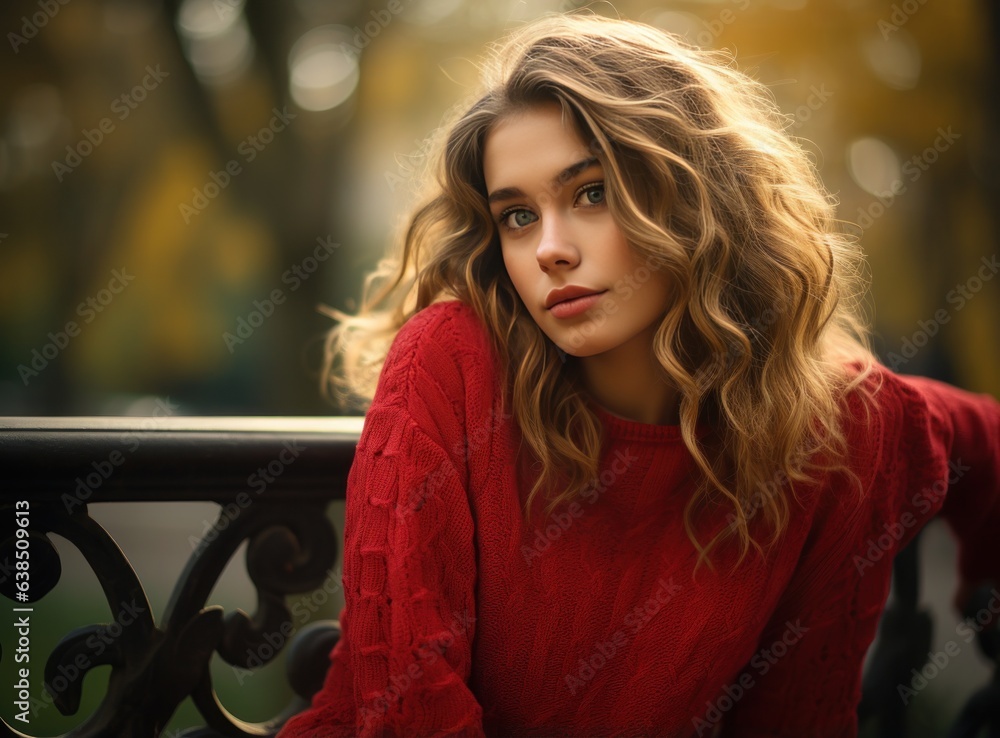 Beautiful woman is sitting on a bench in park in autumn season