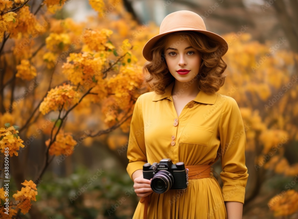 Beautiful female autumn woman with camera in park