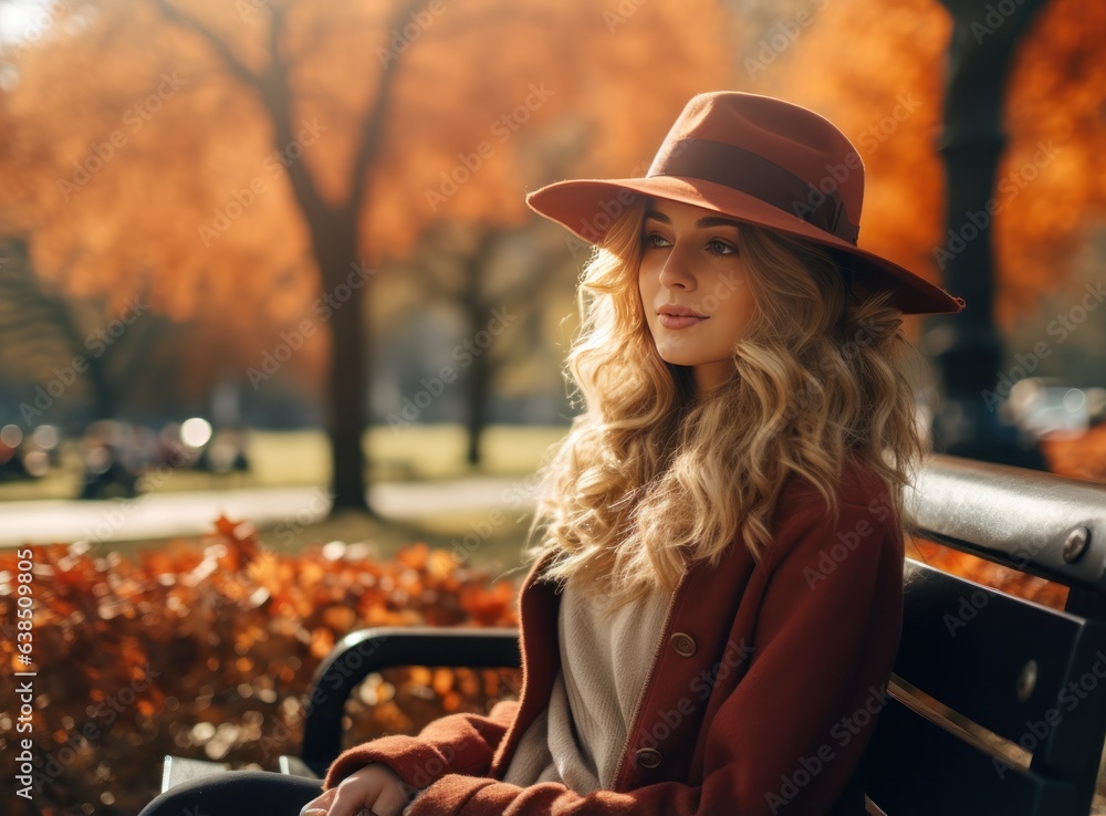 Beautiful woman is sitting on a bench in park in autumn season