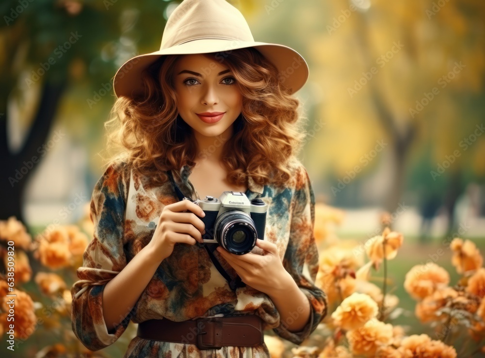 Beautiful female autumn woman with camera in park