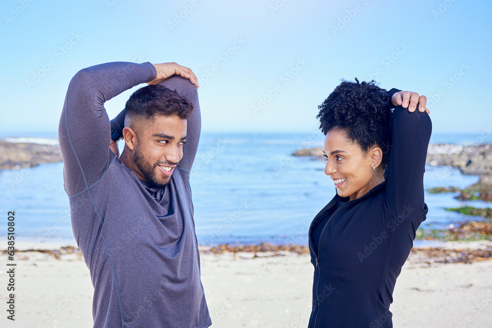 Beach, exercise and happy couple of friends stretching for fitness, teamwork and start workout perfo