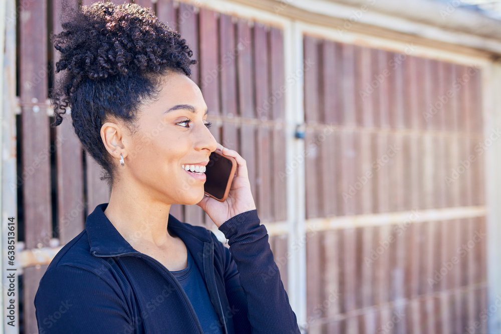 Phone call, communication and young woman outdoor talking with smile and happiness on technology. Fi