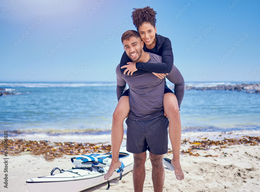 Sports, fitness and kayak couple piggyback at a beach for training, bond and workout in nature toget