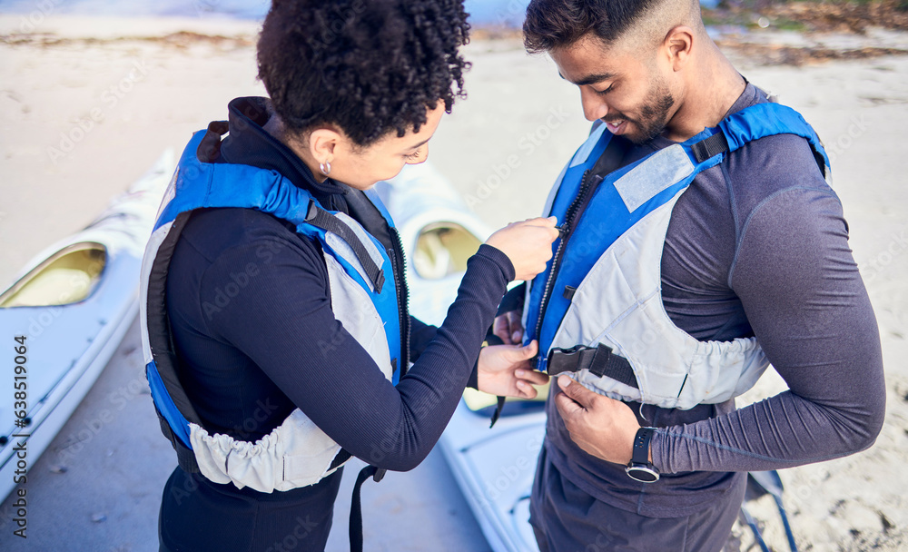 Life jackets, safety and couple prepare for water, boat and journey on river with protection or peop