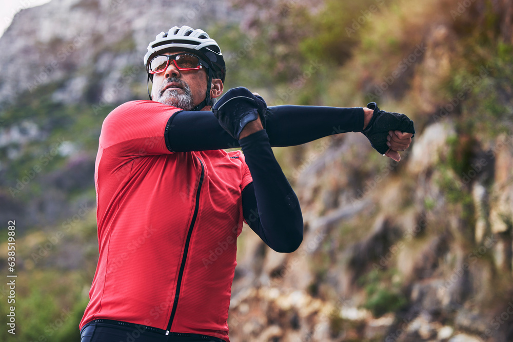 Man, cyclist and stretching body on mountain in sports fitness, workout or outdoor exercise in natur