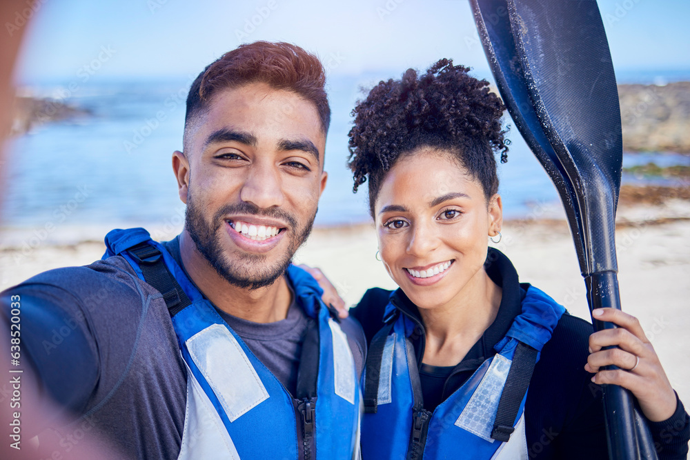 Selfie, kayak and couple with a smile, beach and summer vacation with memory, post and social media.