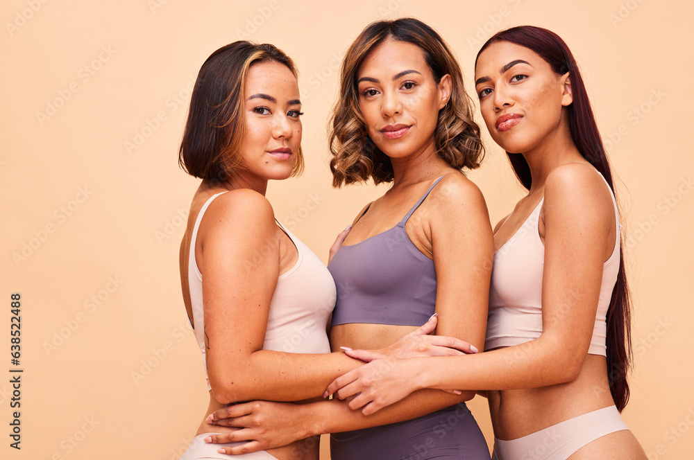 Beauty, group and portrait of women with makeup for cosmetic skincare isolated in a studio brown bac