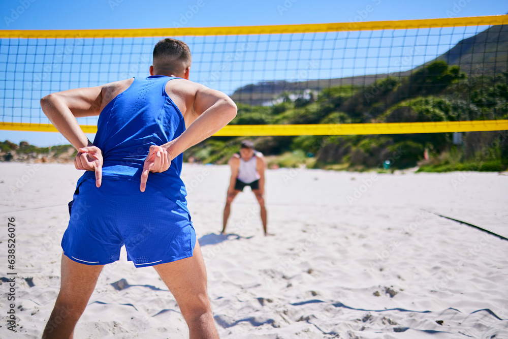 Volleyball, exercise and man at beach with hand sign to block angle of attack. Sports, back and gest