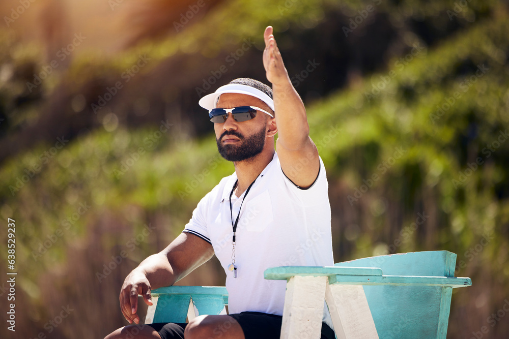 Summer, sports and a volleyball referee on the beach in a chair for authority, rules or regulations 