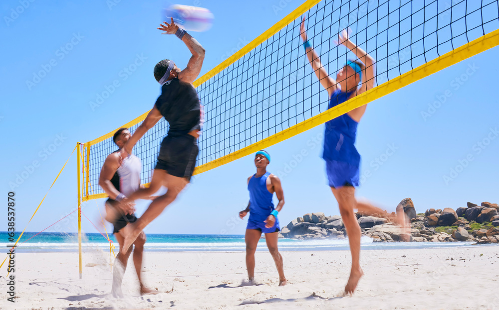 Beach volleyball match, jump and sports people play competition, outdoor game and active training fo