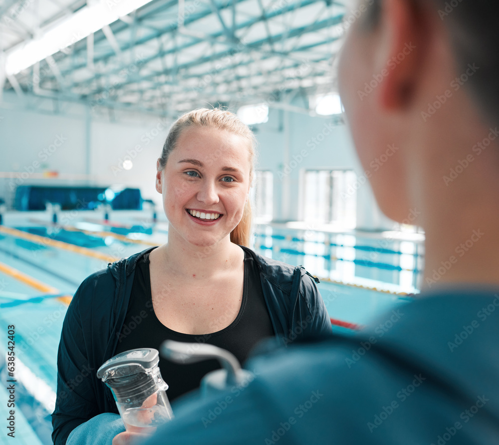 Happy woman, friends and talking in swimming fitness, exercise or training together in sport at indo