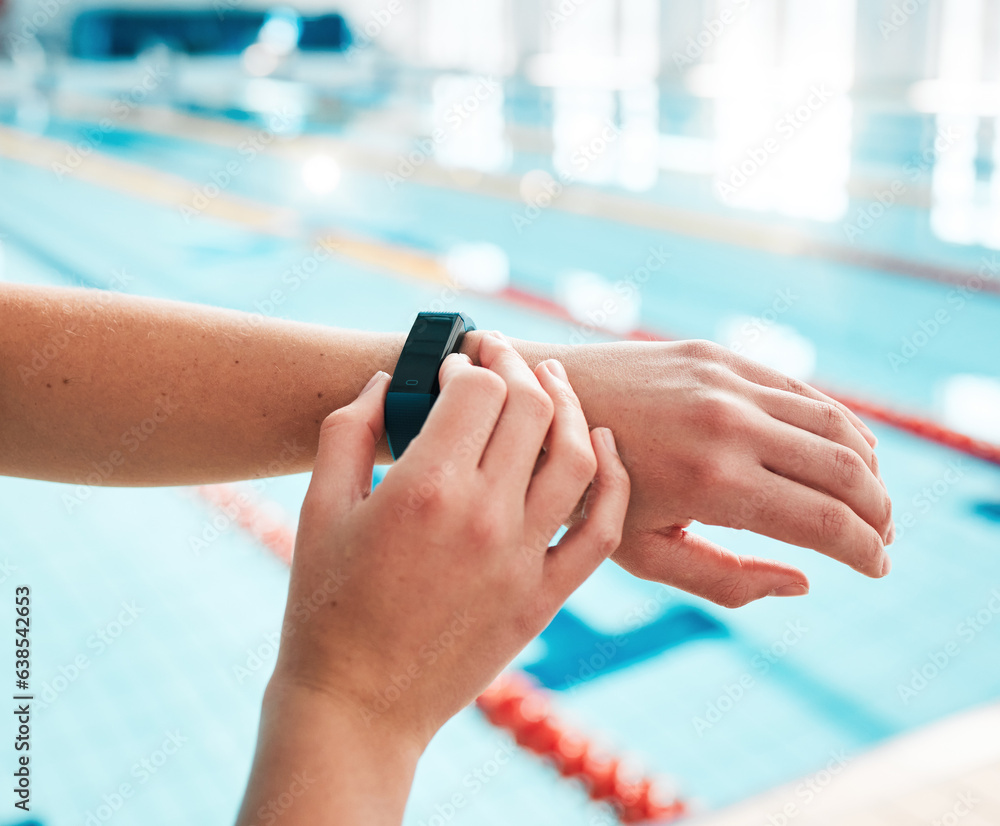 Stopwatch, person or hands of swimmer at swimming pool for sports, workout or fitness progress. Pers