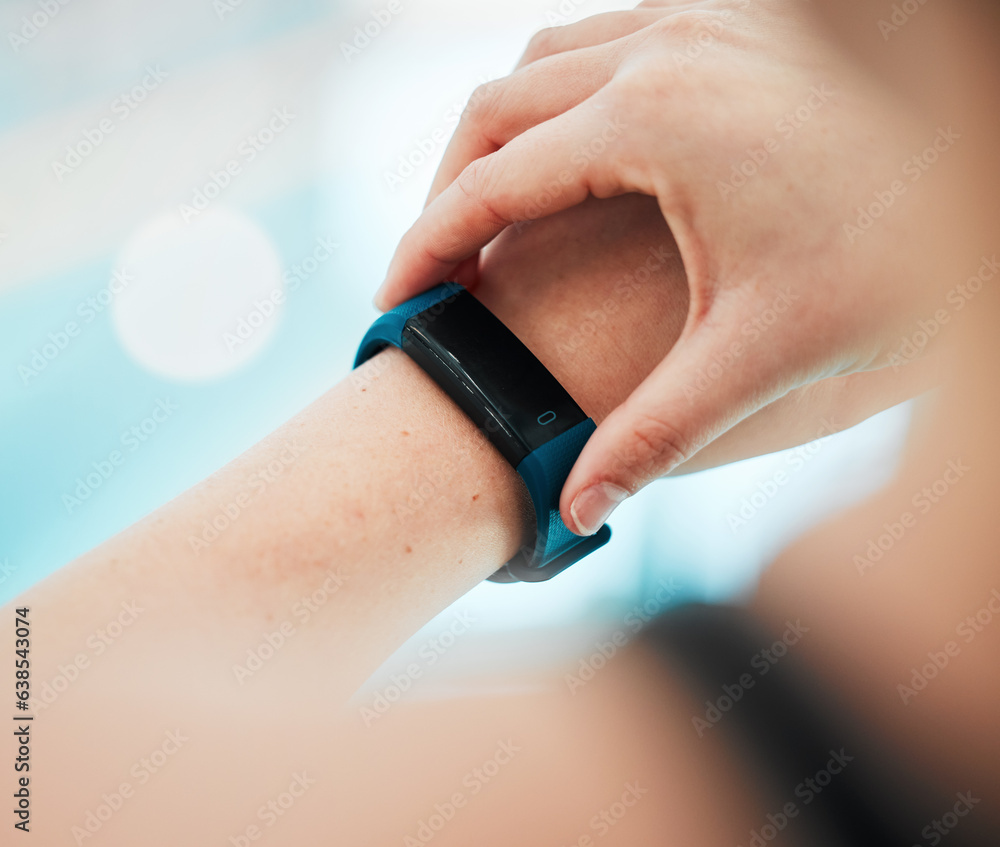 Smartwatch, person or hands of swimmer at swimming pool for sports, workout or fitness progress. Per