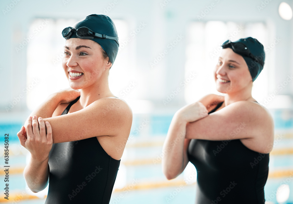 Swimmer, fitness and women stretching, exercise and workout for competition, wellness and active lif