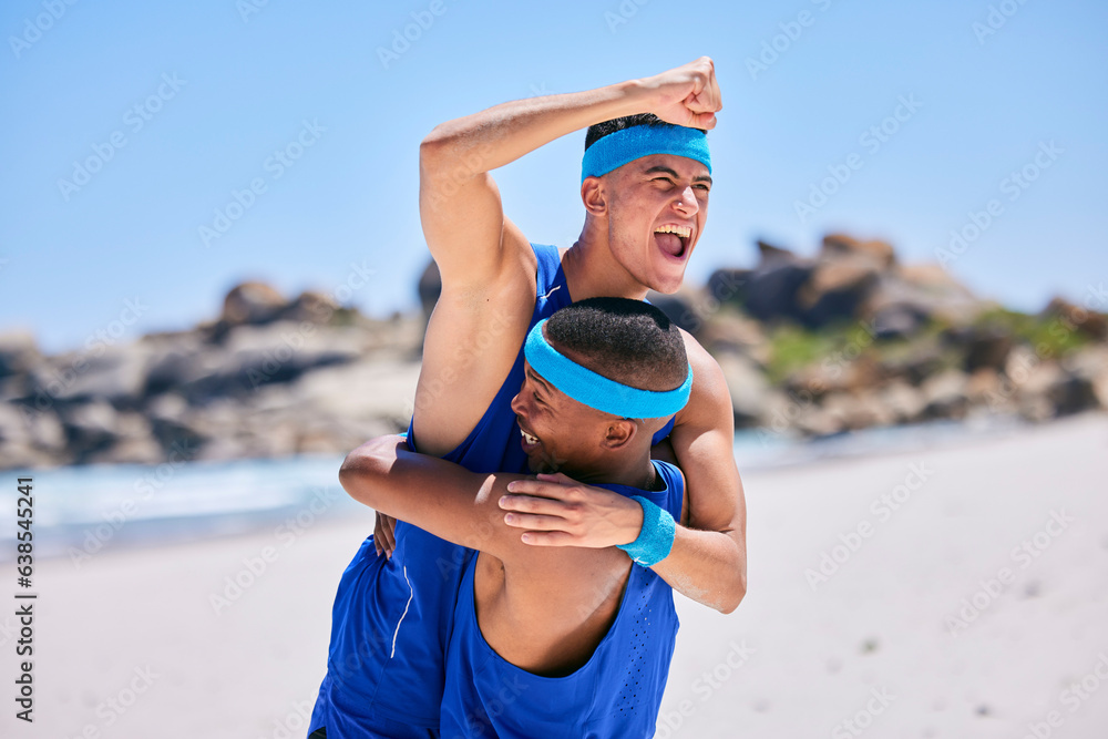 Happy man, volleyball and hug in celebration on beach in winning, success or teamwork in fitness. Ex