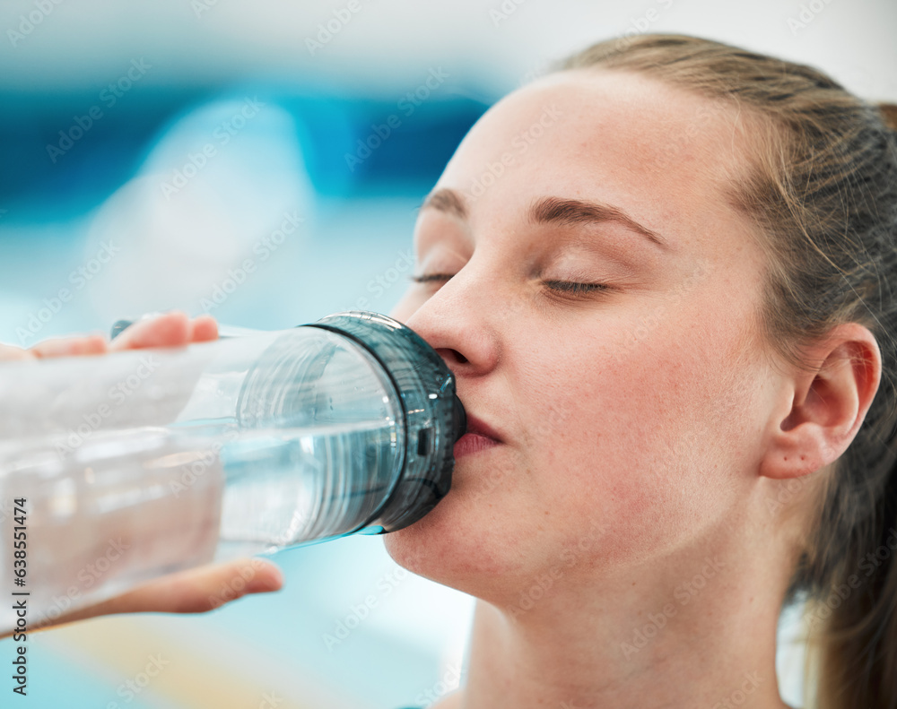 Swimmer woman, drinking water bottle or thinking for fitness, health or wellness for sport career. A