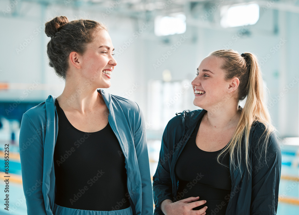 Fitness, sports and woman swimmer friends by a pool in the gym together for health, training or exer