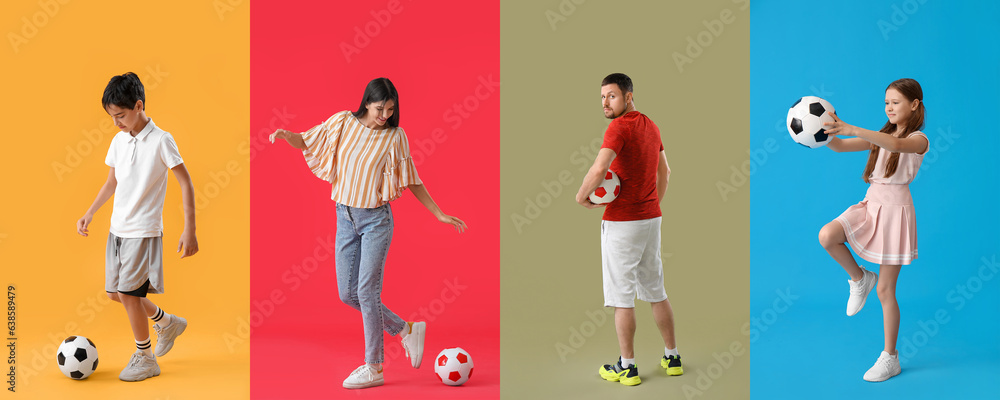 Set of people with soccer balls on colorful background