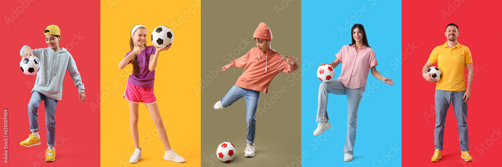 Set of people with soccer balls on colorful background