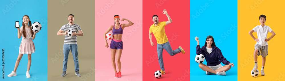 Set of people with soccer balls on colorful background