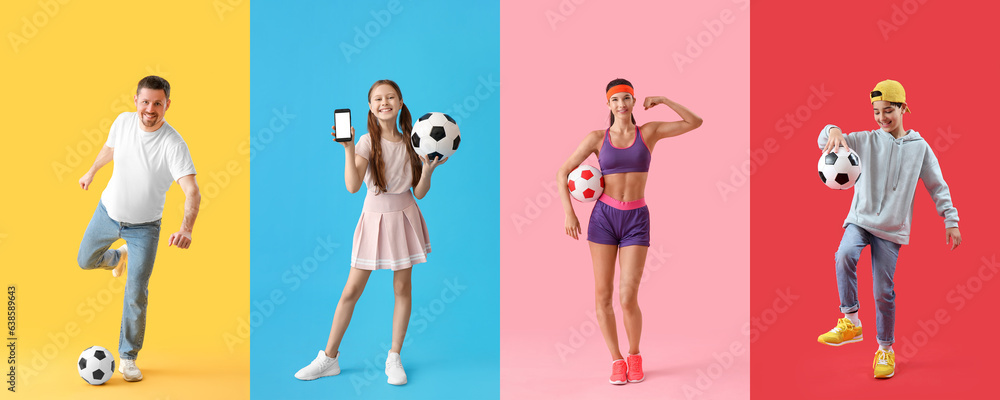 Set of people with soccer balls on colorful background