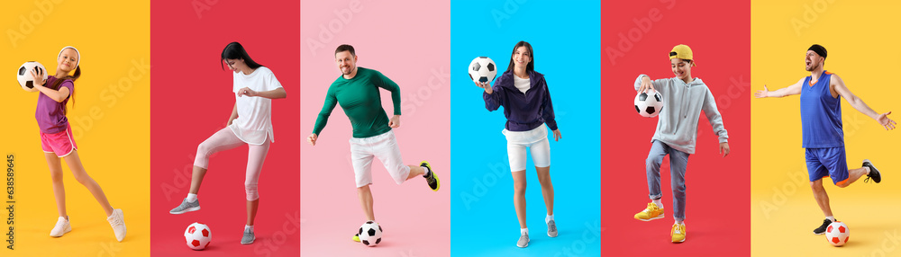 Set of many people with soccer balls on colorful background