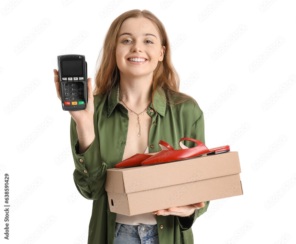 Young woman with shoe box and payment terminal on white background