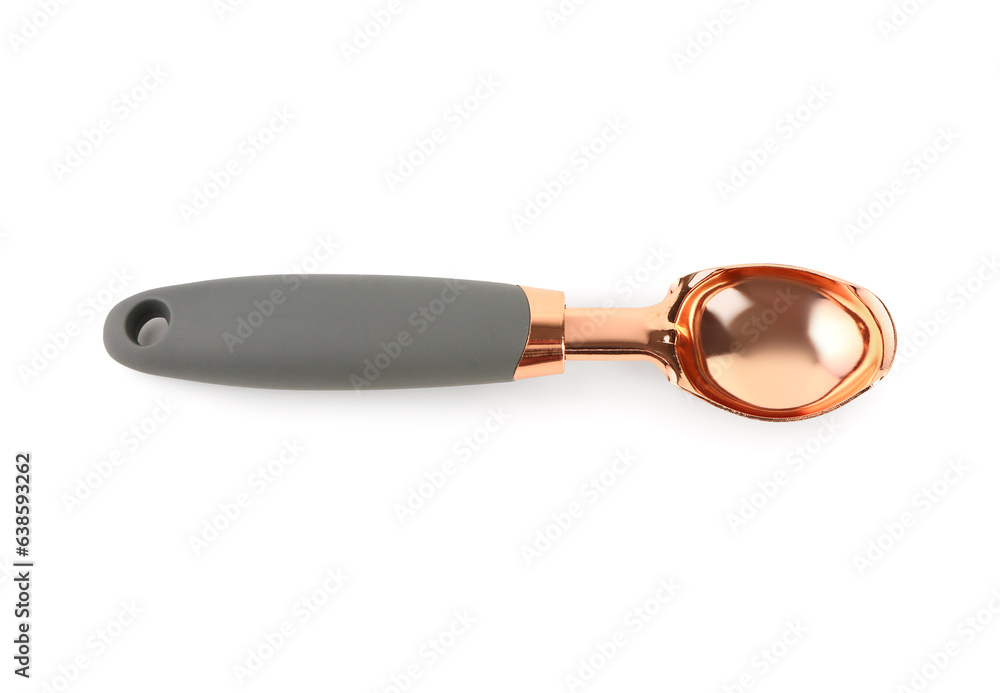 Stainless steel ice cream scooper on white background