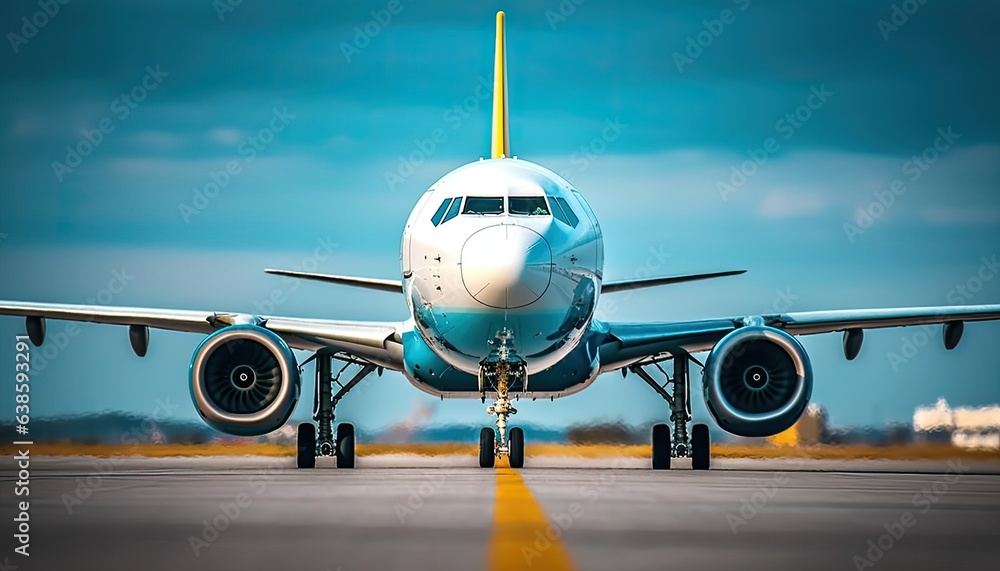 Jet plane on the blue sky background of a taxiway. Front view from eye to eye.