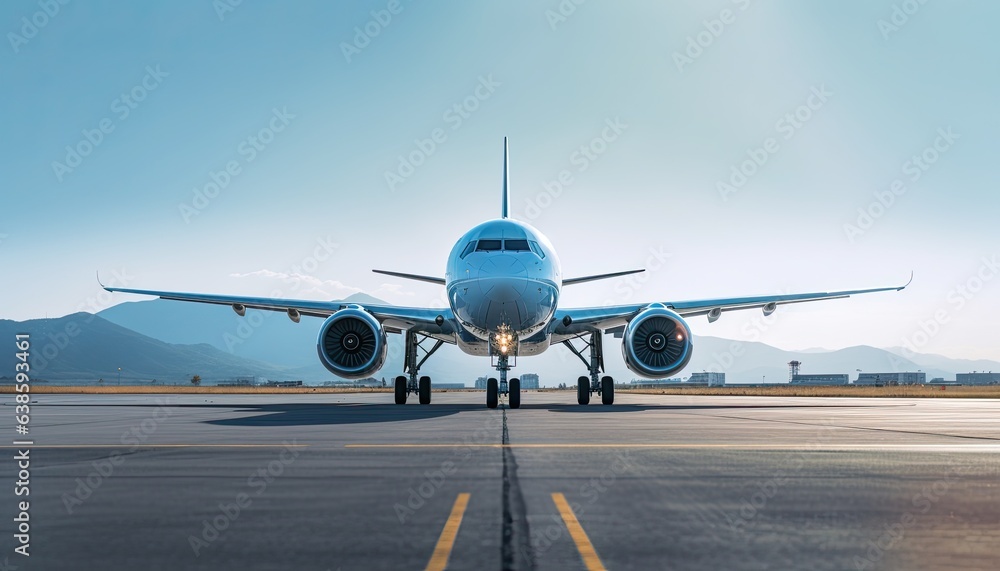 Jet plane on the blue sky background of a taxiway. Front view from eye to eye.