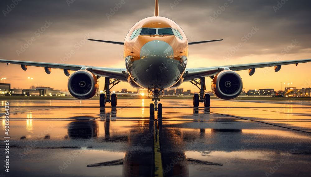 Jet plane on the dark sky background of a taxiway. Front view from eye to eye.