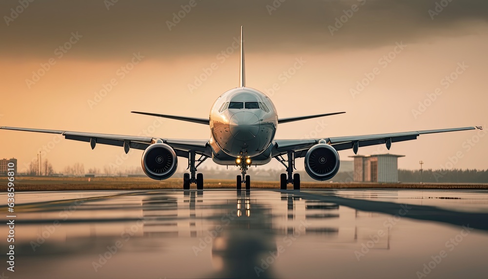 Jet plane on the dark sky background of a taxiway. Front view from eye to eye.