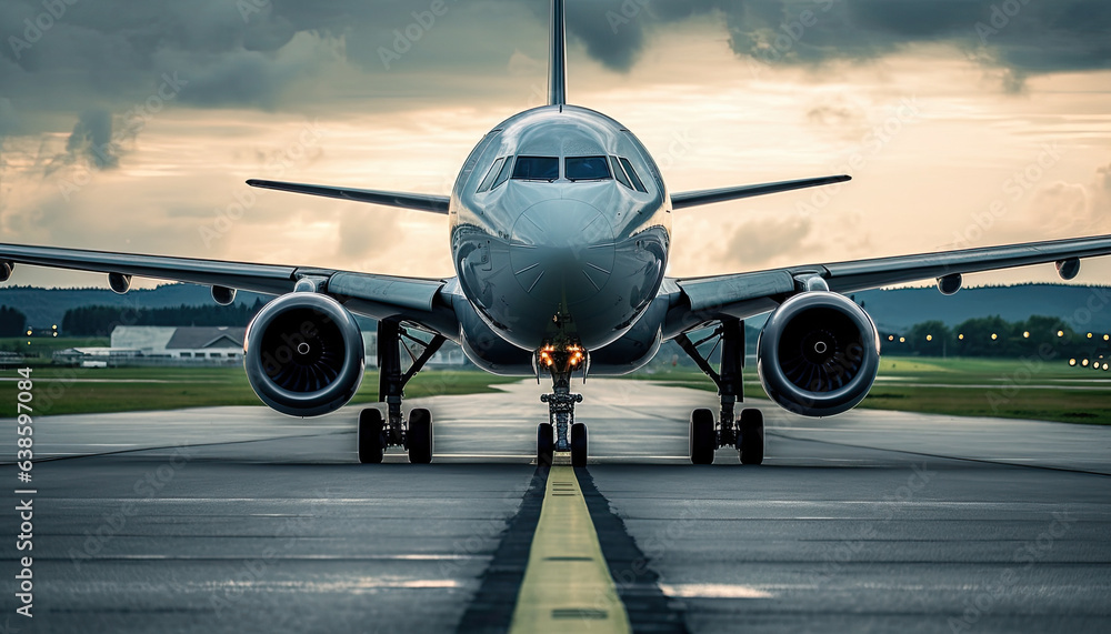 Jet plane on the dark sky background of a taxiway. Front view from eye to eye.