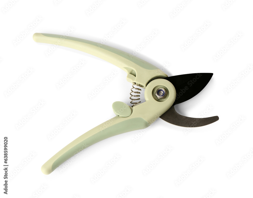 Metal secateurs with green handle on white background