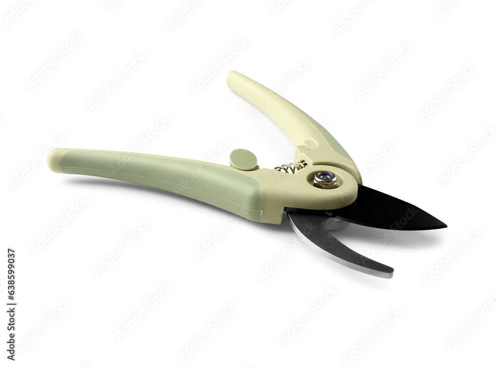 Metal secateurs with green handle on white background