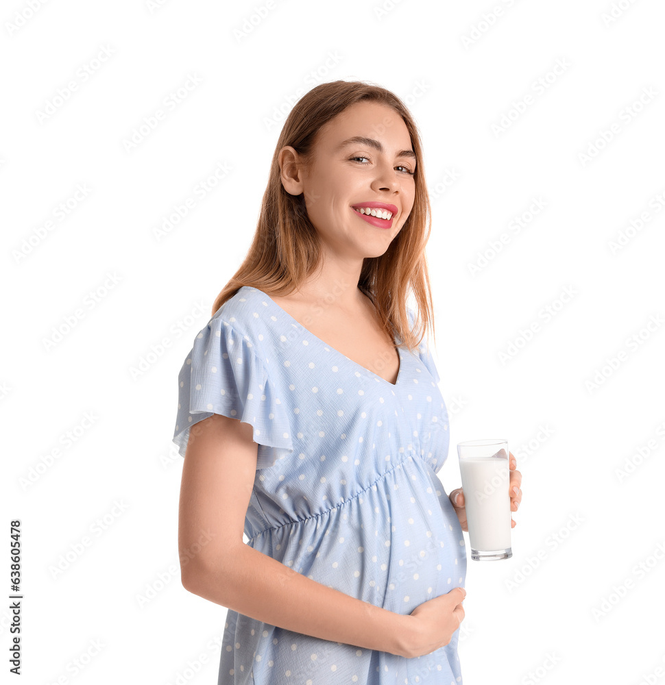 Young pregnant woman with milk on white background