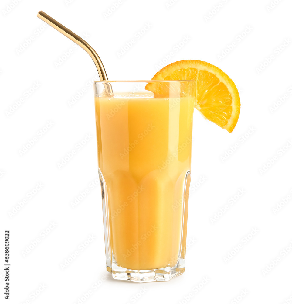 Glass of fresh orange juice with straw isolated on white background