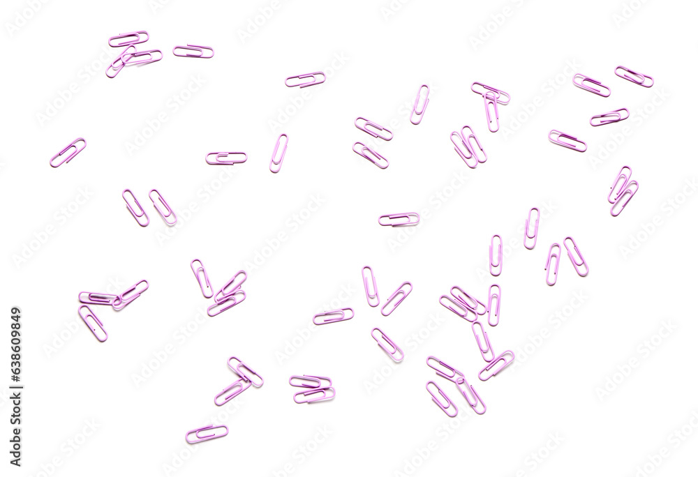 Purple paper clips on white background