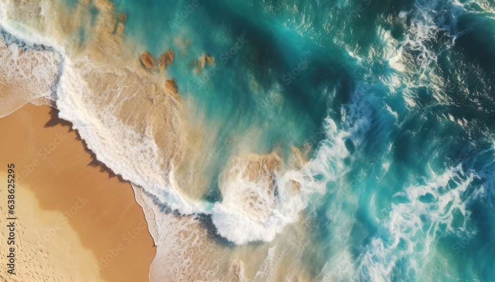 Summer beach, water and sand, top down view.