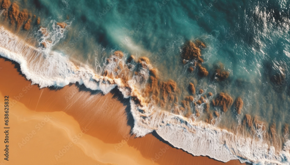 Summer beach, water and sand, top down view.