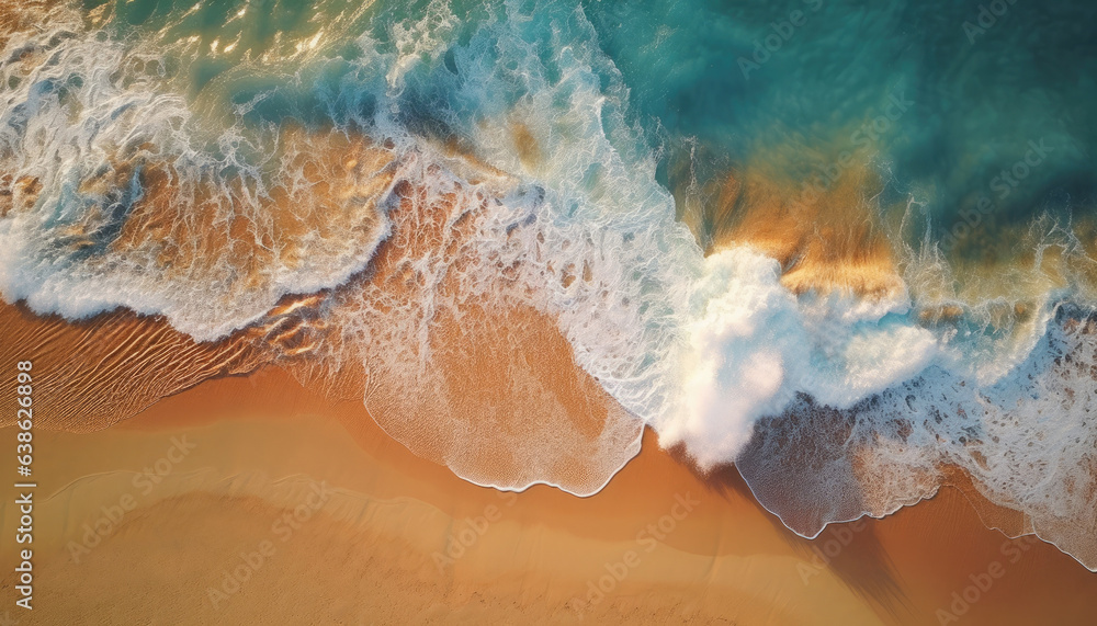 Summer beach, water and sand, top down view.