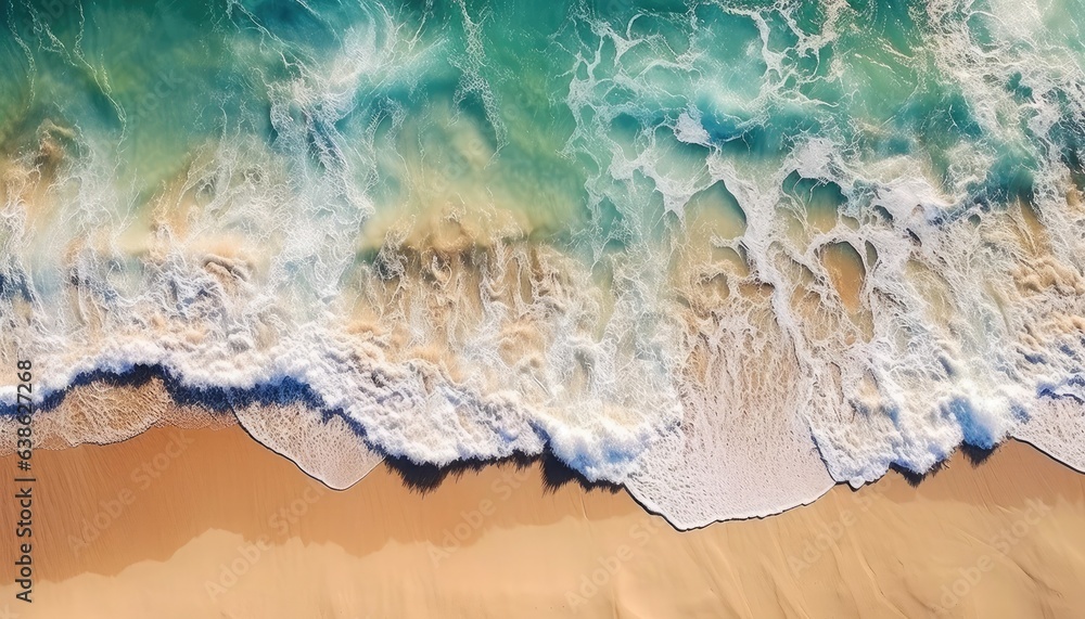 Summer beach, water and sand, top down view.