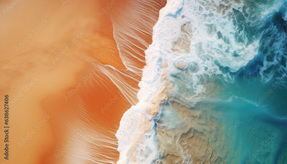 Summer beach, water and sand, top down view.