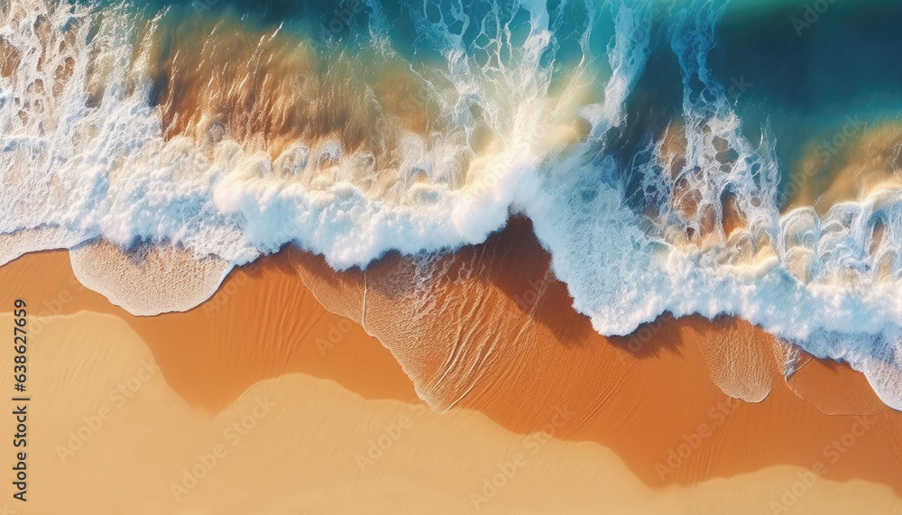 Summer beach, water and sand, top down view.