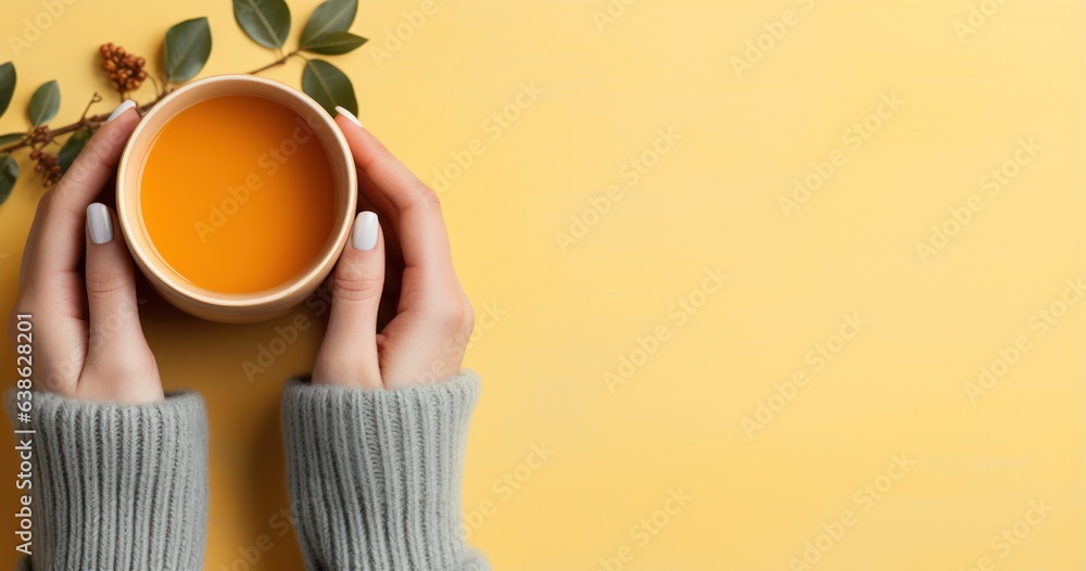 Woman holds in hand cup with orange tea