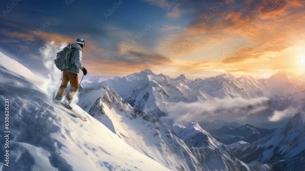 Man in ski goggles rides a snowboard from a snowy mountain