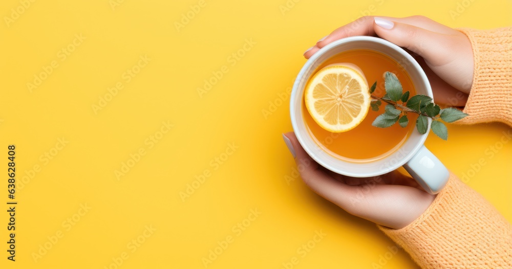 Woman holds in hand cup with orange tea