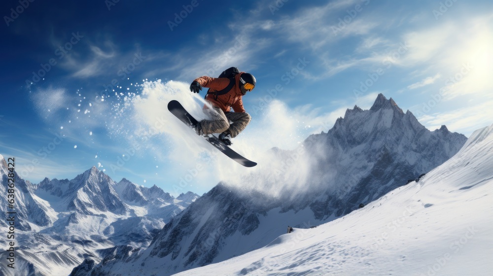 Man in ski goggles rides a snowboard from a snowy mountain