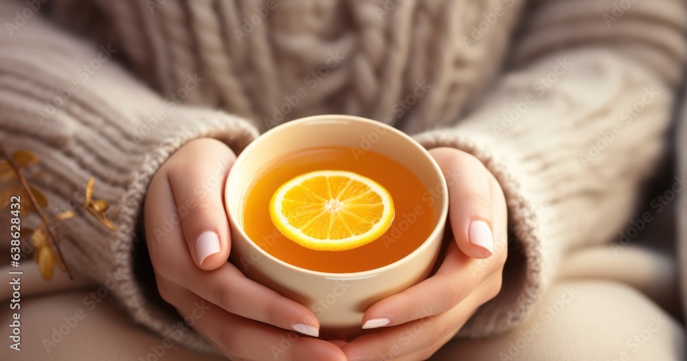 Woman holds in hand cup with orange tea