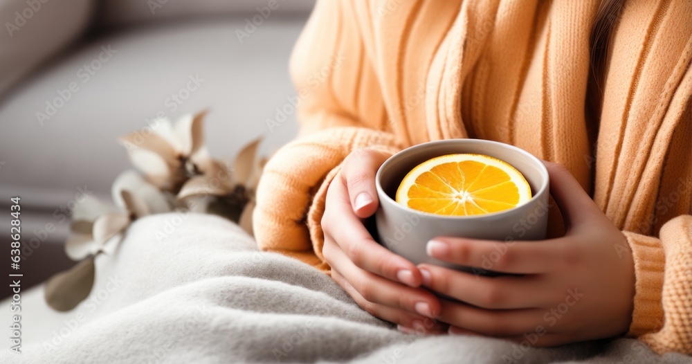 Woman holds in hand cup with orange tea